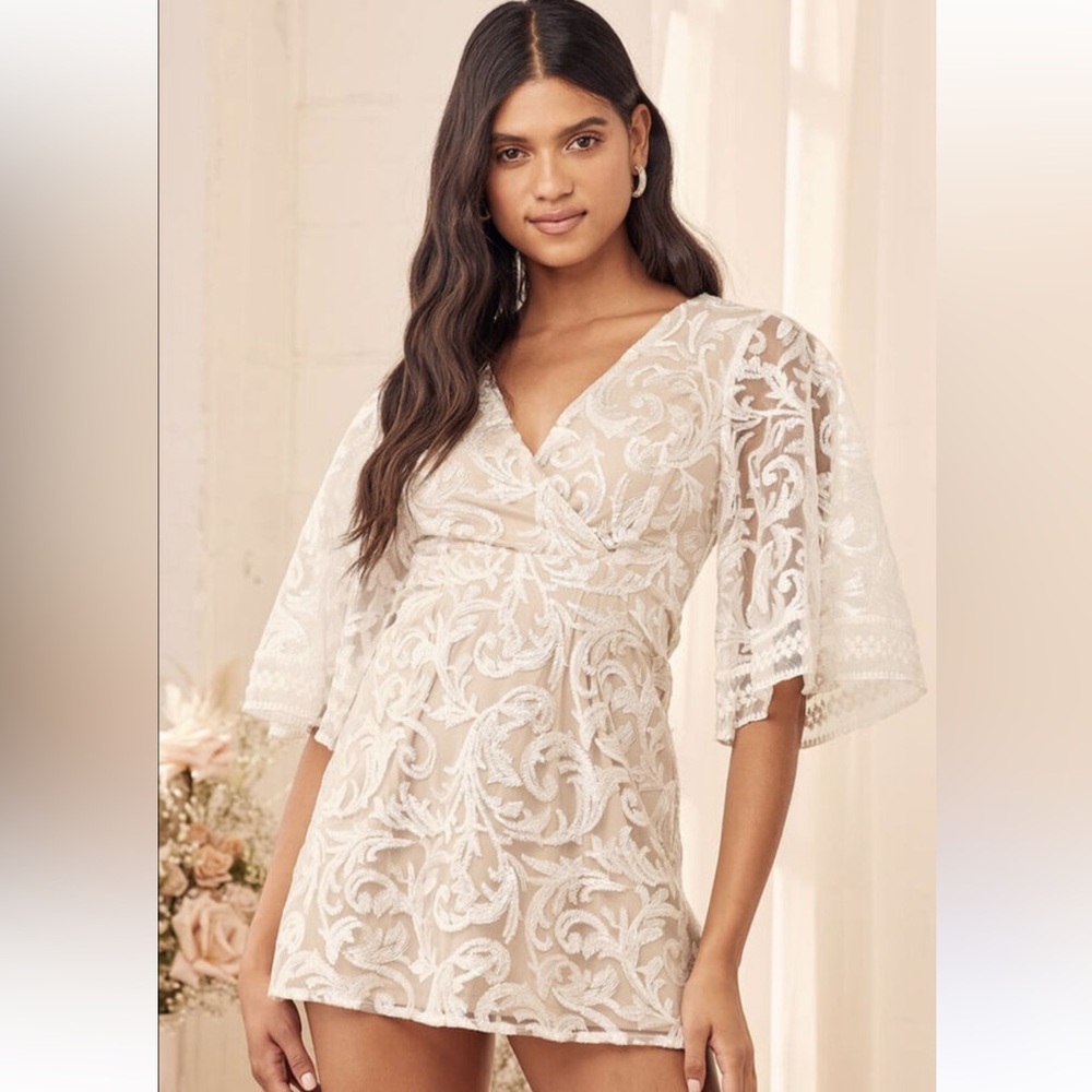 Lulu’s Celebration Hour White Sequin Embroidered Mini Dress